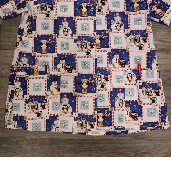 White Swan‎ Fundamentally Cotton Holiday Christmas Penguin Snowman Scrub Top M - Picture 4 of 8